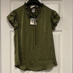 Anne Klein Olive Green Ruffle Sleeve Blouse New